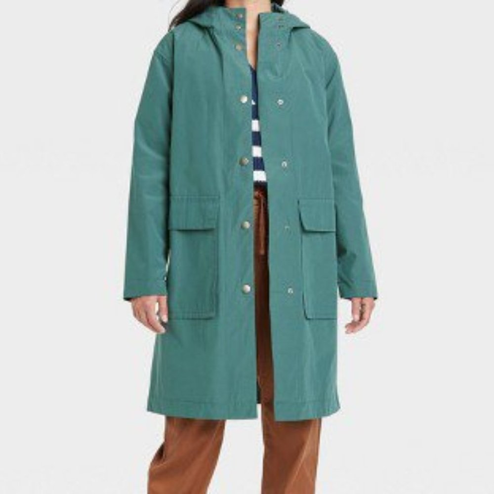 Long Teal Hooded Raincoat Jacket - Women